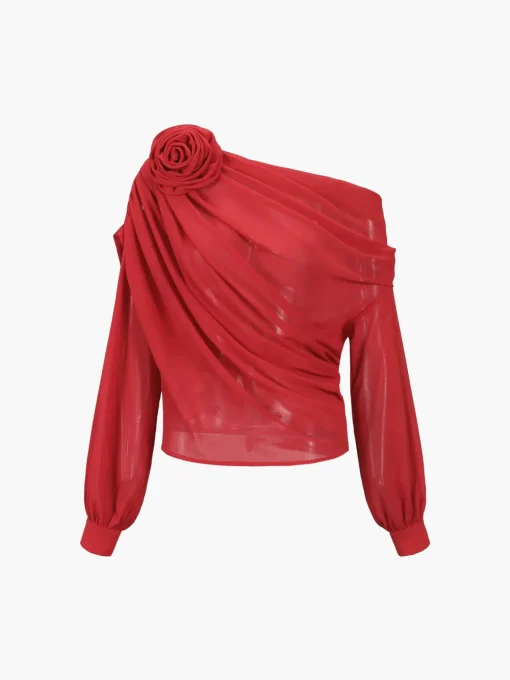 COMMENSE Blouses & Shirts|Tops^Chiffon Semi-sheer One Shoulder Asymmetrical Top Apricot