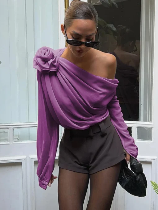 COMMENSE Blouses & Shirts|Tops^Chiffon Semi-sheer One Shoulder Asymmetrical Top Apricot
