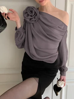 COMMENSE Blouses & Shirts|Tops^Chiffon Semi-sheer One Shoulder Asymmetrical Top Apricot