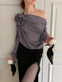 COMMENSE Blouses & Shirts|Tops^Chiffon Semi-sheer One Shoulder Asymmetrical Top Apricot