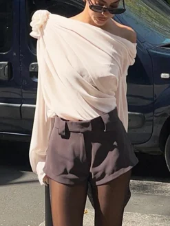 COMMENSE Blouses & Shirts|Tops^Chiffon Semi-sheer One Shoulder Asymmetrical Top Apricot