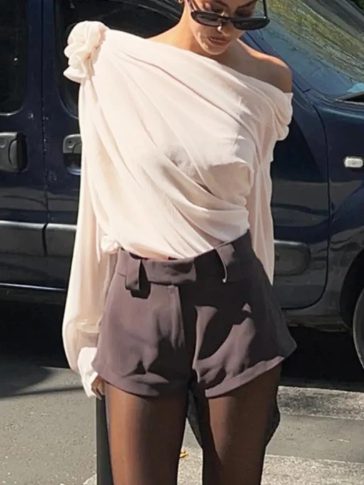 COMMENSE Blouses & Shirts|Tops^Chiffon Semi-sheer One Shoulder Asymmetrical Top Apricot