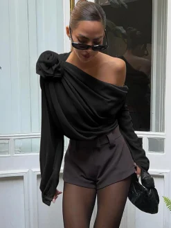 COMMENSE Blouses & Shirts|Tops^Chiffon Semi-sheer One Shoulder Asymmetrical Top Apricot