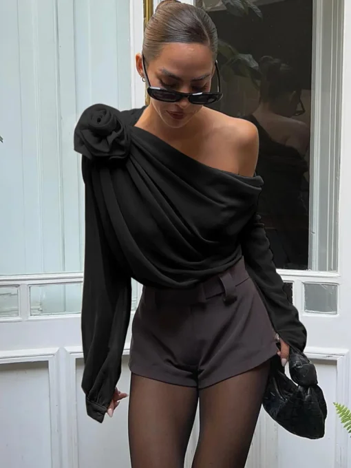 COMMENSE Blouses & Shirts|Tops^Chiffon Semi-sheer One Shoulder Asymmetrical Top Apricot