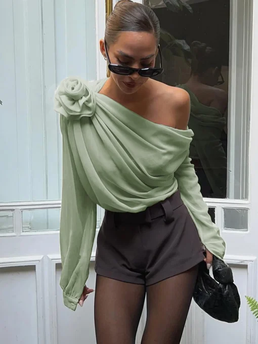COMMENSE Blouses & Shirts|Tops^Chiffon Semi-sheer One Shoulder Asymmetrical Top Apricot