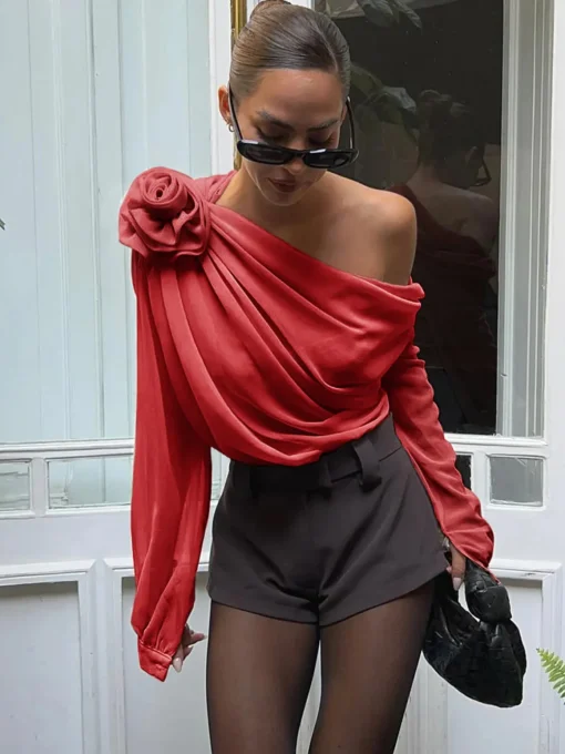 COMMENSE Blouses & Shirts|Tops^Chiffon Semi-sheer One Shoulder Asymmetrical Top Apricot