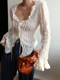 COMMENSE Blouses & Shirts|Tops^Chiffon Sheer Lettuce Trim Long Sleeve Shirt Off-White