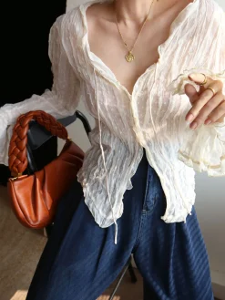 COMMENSE Blouses & Shirts|Tops^Chiffon Sheer Lettuce Trim Long Sleeve Shirt Off-White