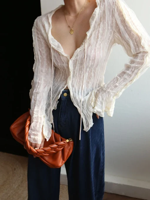 COMMENSE Blouses & Shirts|Tops^Chiffon Sheer Lettuce Trim Long Sleeve Shirt Off-White