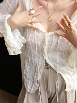 COMMENSE Blouses & Shirts|Tops^Chiffon Sheer Lettuce Trim Long Sleeve Shirt Off-White