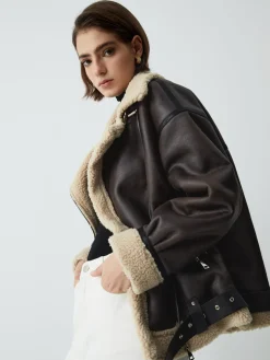 COMMENSE Outerwear|Jackets^Classic Sherpa Lined Shearling Leather Flight Jacket Brown