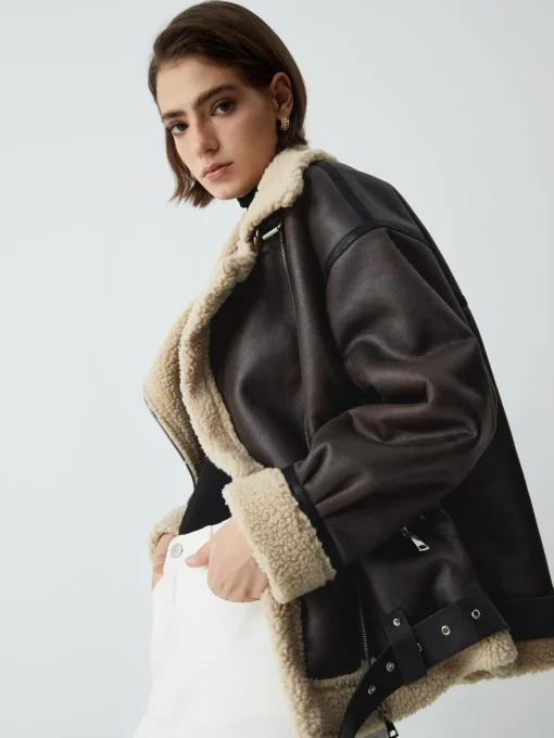 COMMENSE Outerwear|Jackets^Classic Sherpa Lined Shearling Leather Flight Jacket Brown