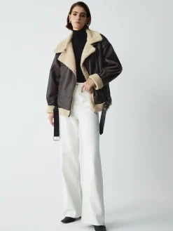 COMMENSE Outerwear|Jackets^Classic Sherpa Lined Shearling Leather Flight Jacket Brown