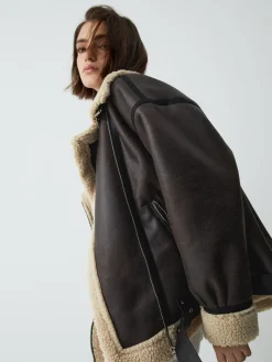 COMMENSE Outerwear|Jackets^Classic Sherpa Lined Shearling Leather Flight Jacket Brown