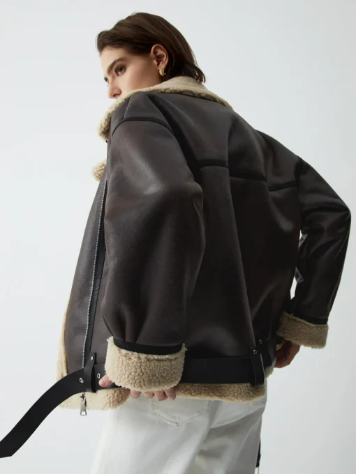 COMMENSE Outerwear|Jackets^Classic Sherpa Lined Shearling Leather Flight Jacket Brown
