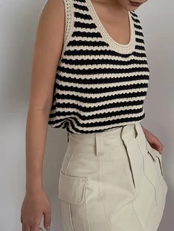 COMMENSE Sweater Vests|Sweaters & Cardigans^Classy Stripe Crochet Sweater Vest Black