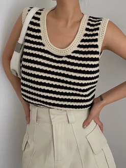 COMMENSE Sweater Vests|Sweaters & Cardigans^Classy Stripe Crochet Sweater Vest Black