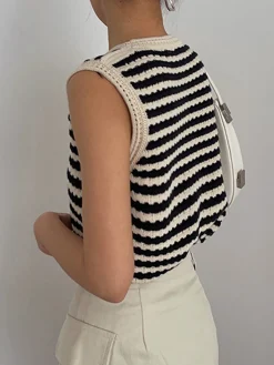 COMMENSE Sweater Vests|Sweaters & Cardigans^Classy Stripe Crochet Sweater Vest Black