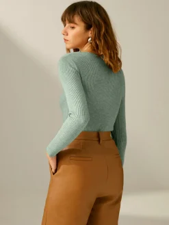 COMMENSE Sweater Tops|Sweaters & Cardigans^Clouds Ribbed Pullover Sweater LightKhaki