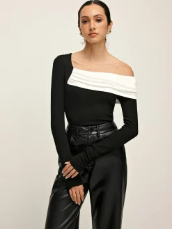 COMMENSE Blouses & Shirts|Tops^Cold Shoulder Patchwork Pleated Blouse BlackandWhite