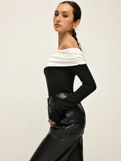 COMMENSE Blouses & Shirts|Tops^Cold Shoulder Patchwork Pleated Blouse BlackandWhite