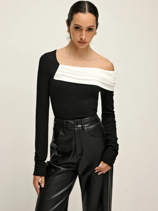 COMMENSE Blouses & Shirts|Tops^Cold Shoulder Patchwork Pleated Blouse BlackandWhite