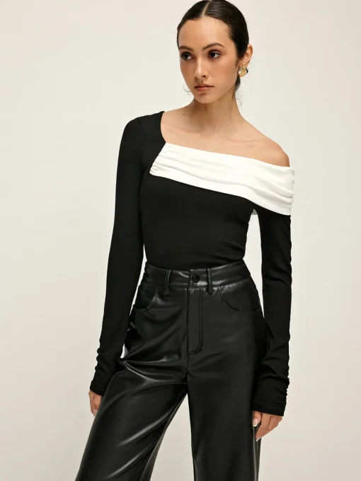 COMMENSE Blouses & Shirts|Tops^Cold Shoulder Patchwork Pleated Blouse BlackandWhite