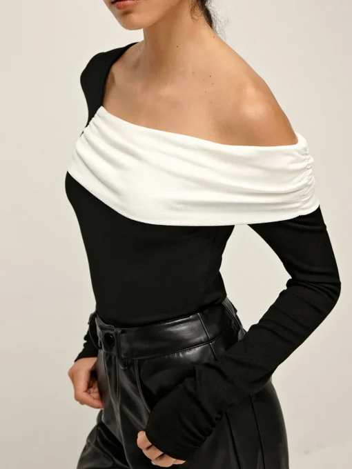 COMMENSE Blouses & Shirts|Tops^Cold Shoulder Patchwork Pleated Blouse BlackandWhite