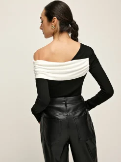 COMMENSE Blouses & Shirts|Tops^Cold Shoulder Patchwork Pleated Blouse BlackandWhite
