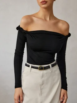 COMMENSE T-shirts|Tops^Cold Shoulder Plain T-Shirt Black