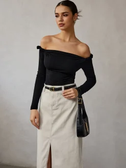 COMMENSE T-shirts|Tops^Cold Shoulder Plain T-Shirt Black