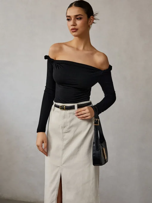 COMMENSE T-shirts|Tops^Cold Shoulder Plain T-Shirt Black