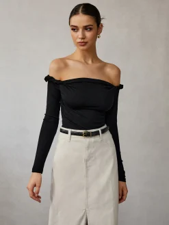 COMMENSE T-shirts|Tops^Cold Shoulder Plain T-Shirt Black