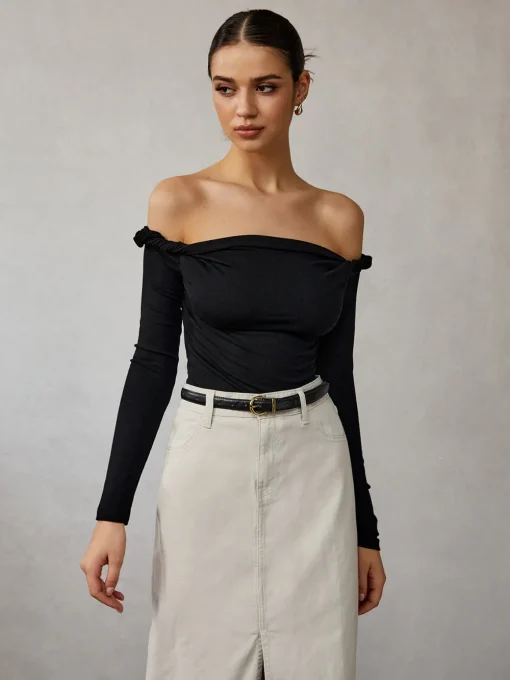 COMMENSE T-shirts|Tops^Cold Shoulder Plain T-Shirt Black