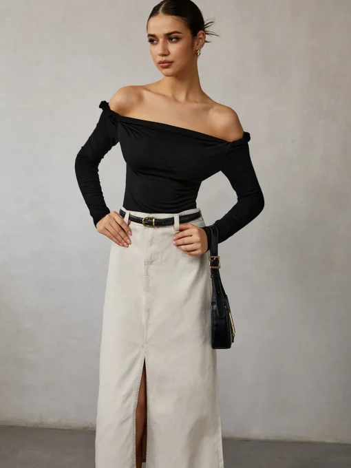 COMMENSE T-shirts|Tops^Cold Shoulder Plain T-Shirt Black