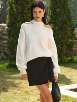 COMMENSE Knitwear|Tops^Cold-Shoulder Choker Shift Sweater Off-White