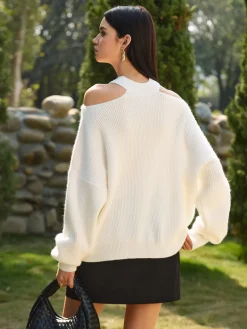 COMMENSE Knitwear|Tops^Cold-Shoulder Choker Shift Sweater Off-White