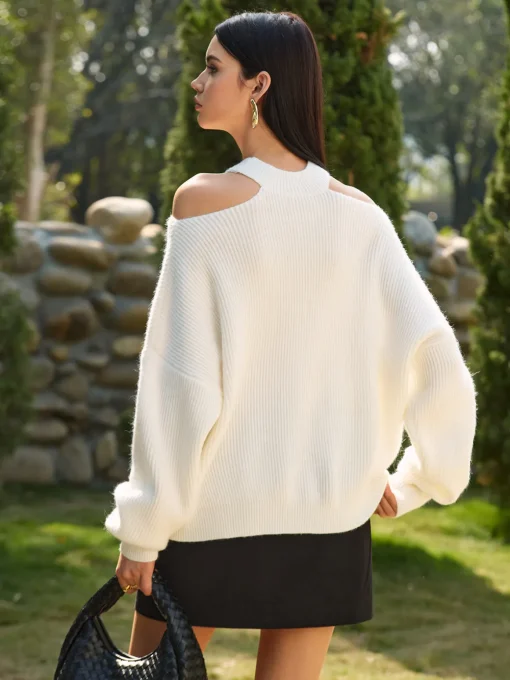 COMMENSE Knitwear|Tops^Cold-Shoulder Choker Shift Sweater Off-White