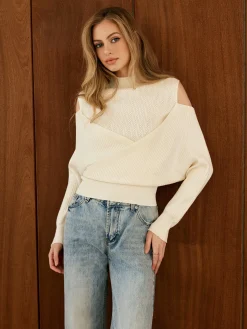 COMMENSE Sweater Tops|Sweaters & Cardigans^Cold-Shoulder Criss Cross Panel Sweater Off-White