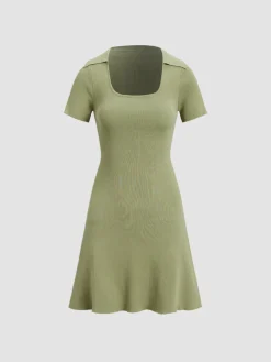 COMMENSE Casual Dresses|Work Dresses^Collared Ribbed Square Neck Short Dress Green