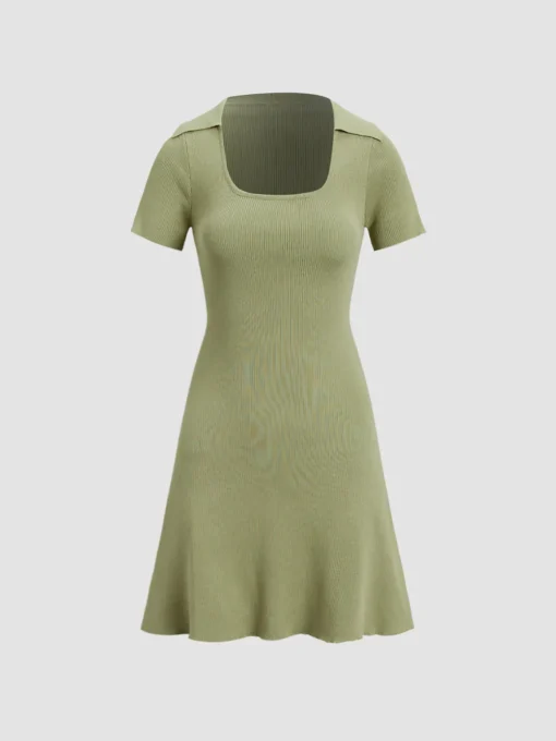 COMMENSE Casual Dresses|Work Dresses^Collared Ribbed Square Neck Short Dress Green