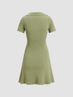 COMMENSE Casual Dresses|Work Dresses^Collared Ribbed Square Neck Short Dress Green