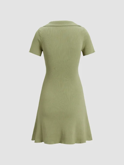 COMMENSE Casual Dresses|Work Dresses^Collared Ribbed Square Neck Short Dress Green