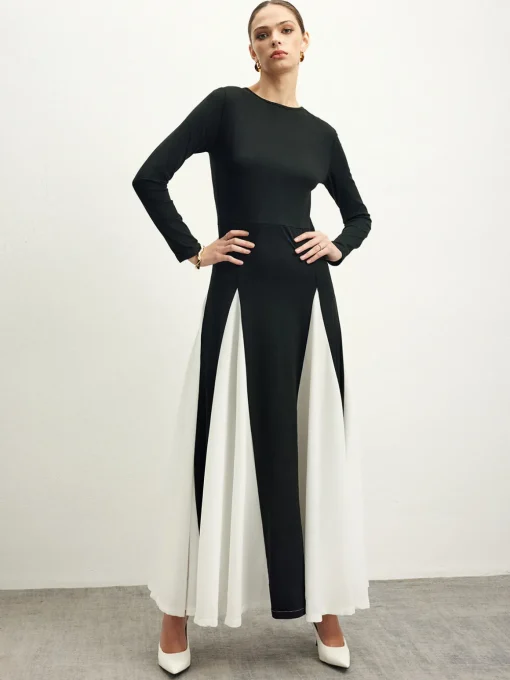 COMMENSE Black Dresses|Cocktail & Party Dresses^Color Block Chiffon Flowy Dress Black