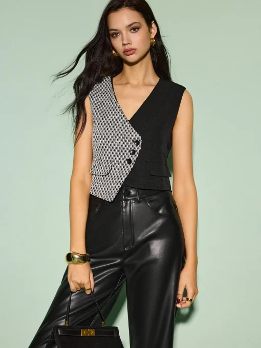 COMMENSE Vests|Outerwear^Color Block Criss Cross Button Vest Black