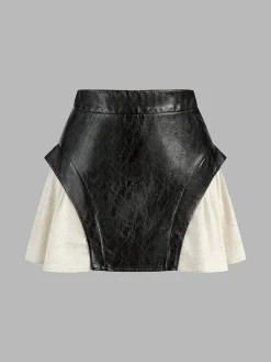 COMMENSE Skirts|Bottoms^Color Block Faux Leather Mini Skirt Black