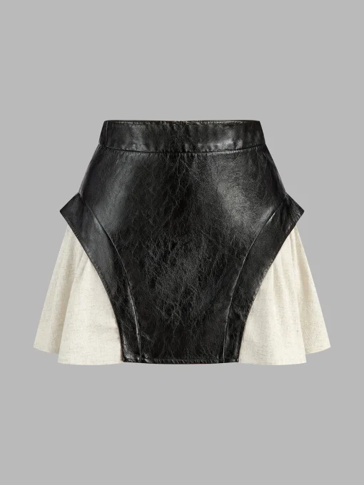 COMMENSE Skirts|Bottoms^Color Block Faux Leather Mini Skirt Black