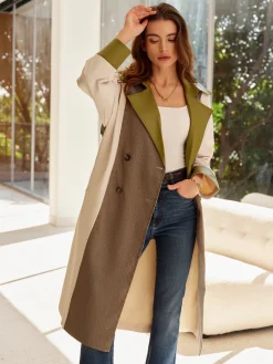 COMMENSE Outerwear|Tops^Color Block Faux Leather Trench Coat Multicolor