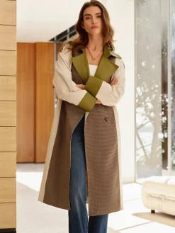 COMMENSE Outerwear|Tops^Color Block Faux Leather Trench Coat Multicolor