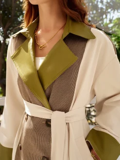 COMMENSE Outerwear|Tops^Color Block Faux Leather Trench Coat Multicolor